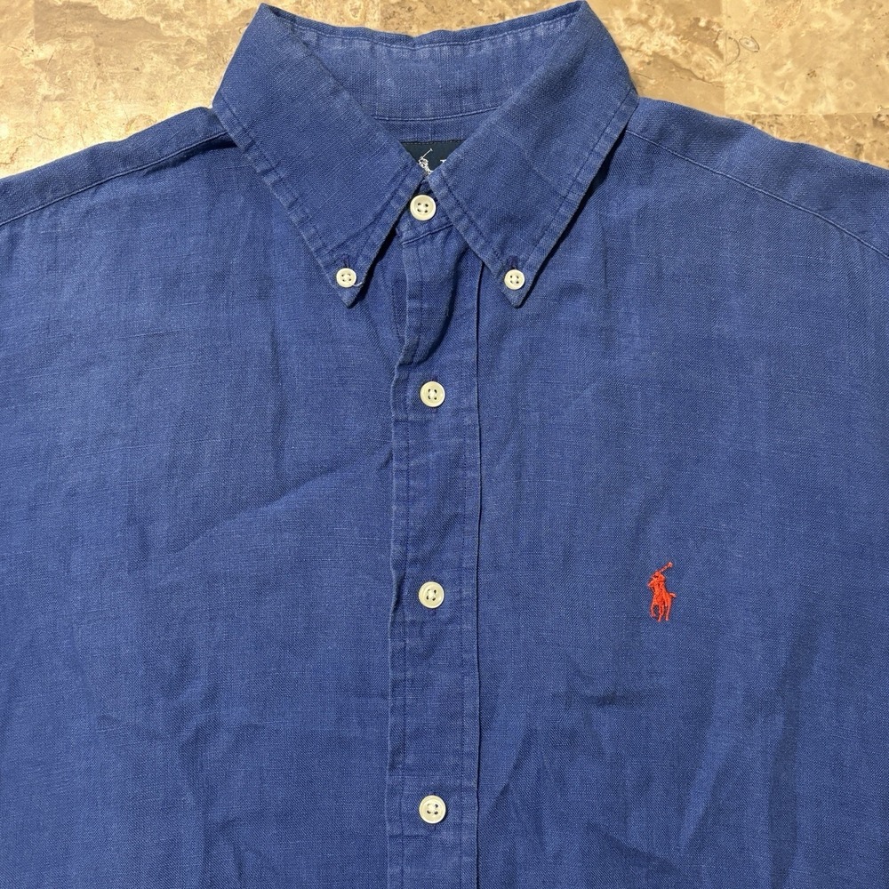 Polo Ralph Lauren Shirt Mens Small Classic Blue Short Sleeve 100% Linen Button